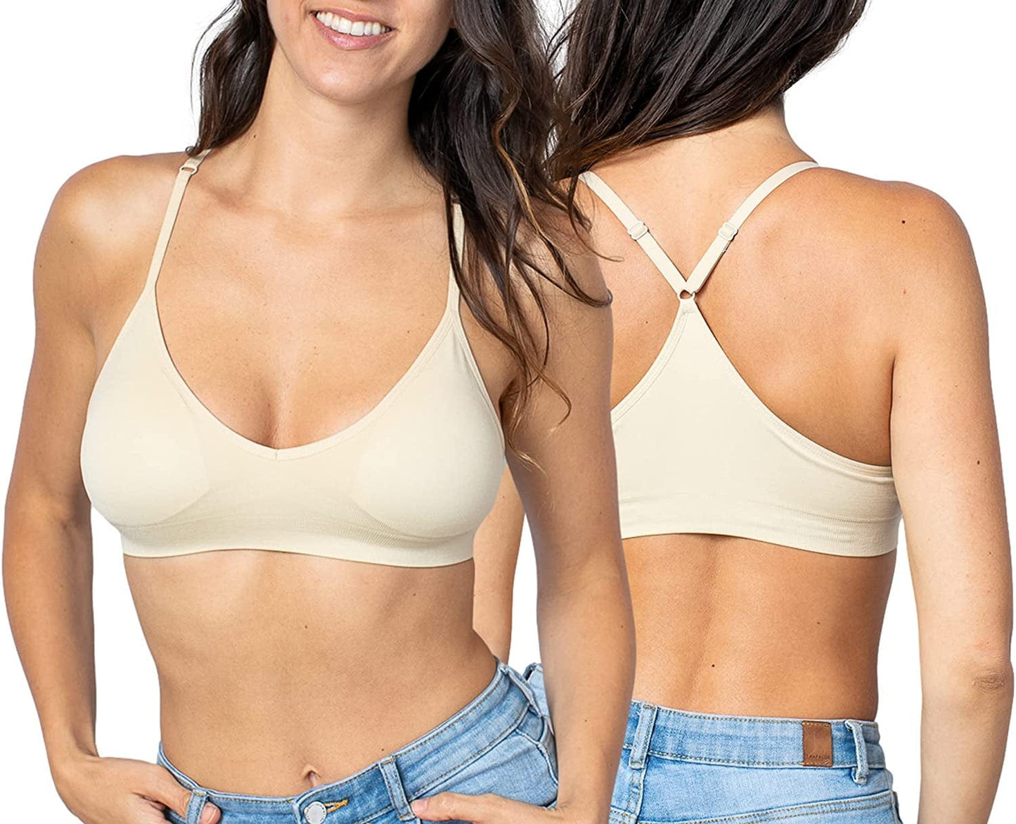 Women'S Racerback Bralette Sexy Everyday Basic Deep V-Neck Wireless W/Removable Padding Bra 1 Pc -Beige / Large