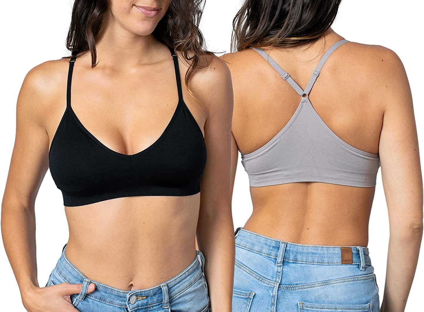 Women'S Racerback Bralette Sexy Everyday Basic Deep V-Neck Wireless W/Removable Padding Bra 2 Pack: Black & Mocha / Small
