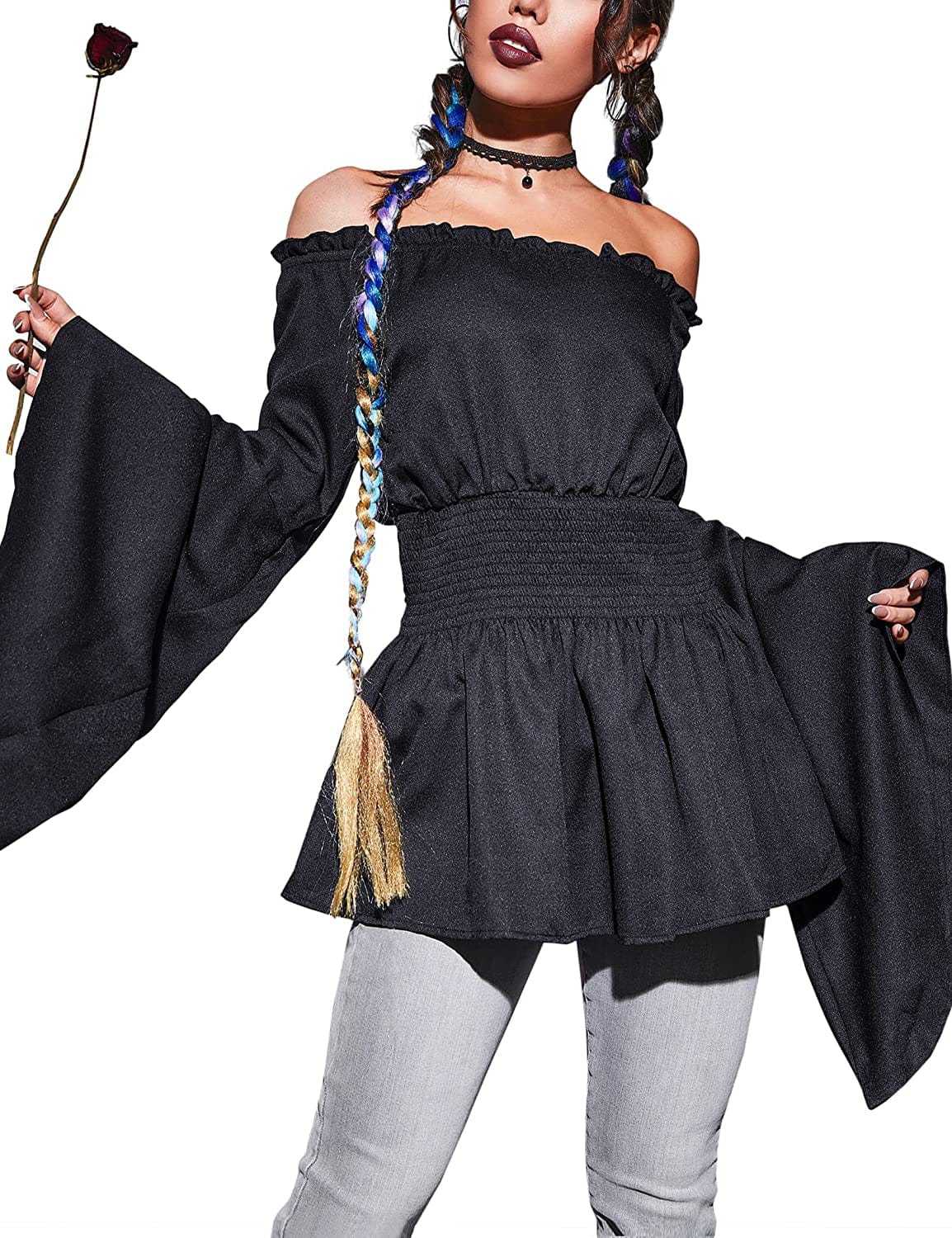 Women'S Renaissance off the Shoulder Blouses Gothic Smocked Peasant Shirts Long Sleeve Medieval Boho Shirt Tops Black / Medium