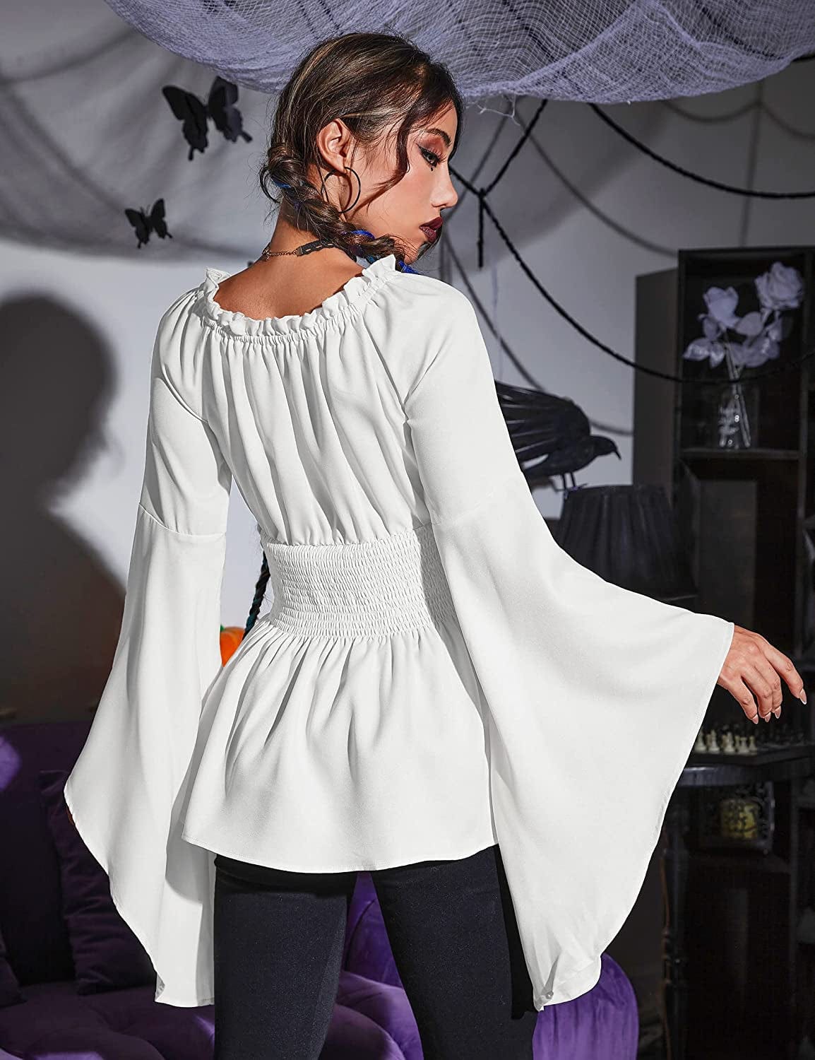 Women'S Renaissance off the Shoulder Blouses Gothic Smocked Peasant Shirts Long Sleeve Medieval Boho Shirt Tops