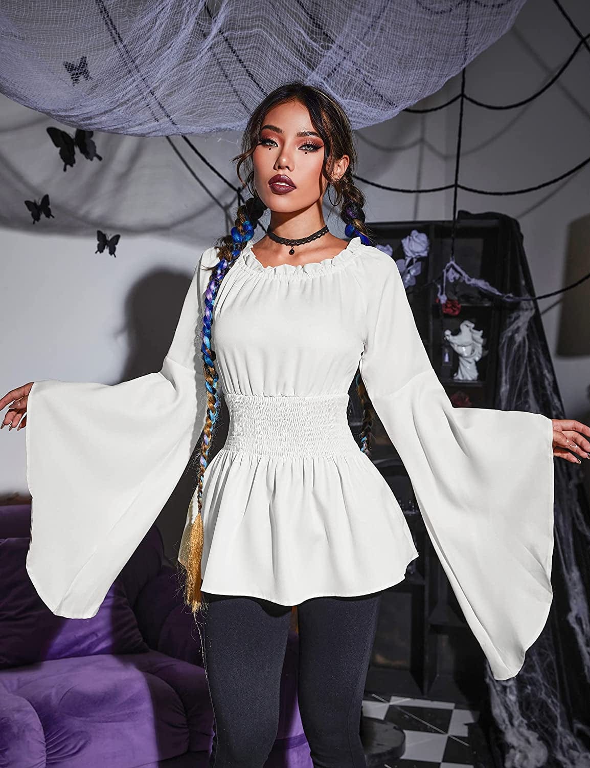 Women'S Renaissance off the Shoulder Blouses Gothic Smocked Peasant Shirts Long Sleeve Medieval Boho Shirt Tops