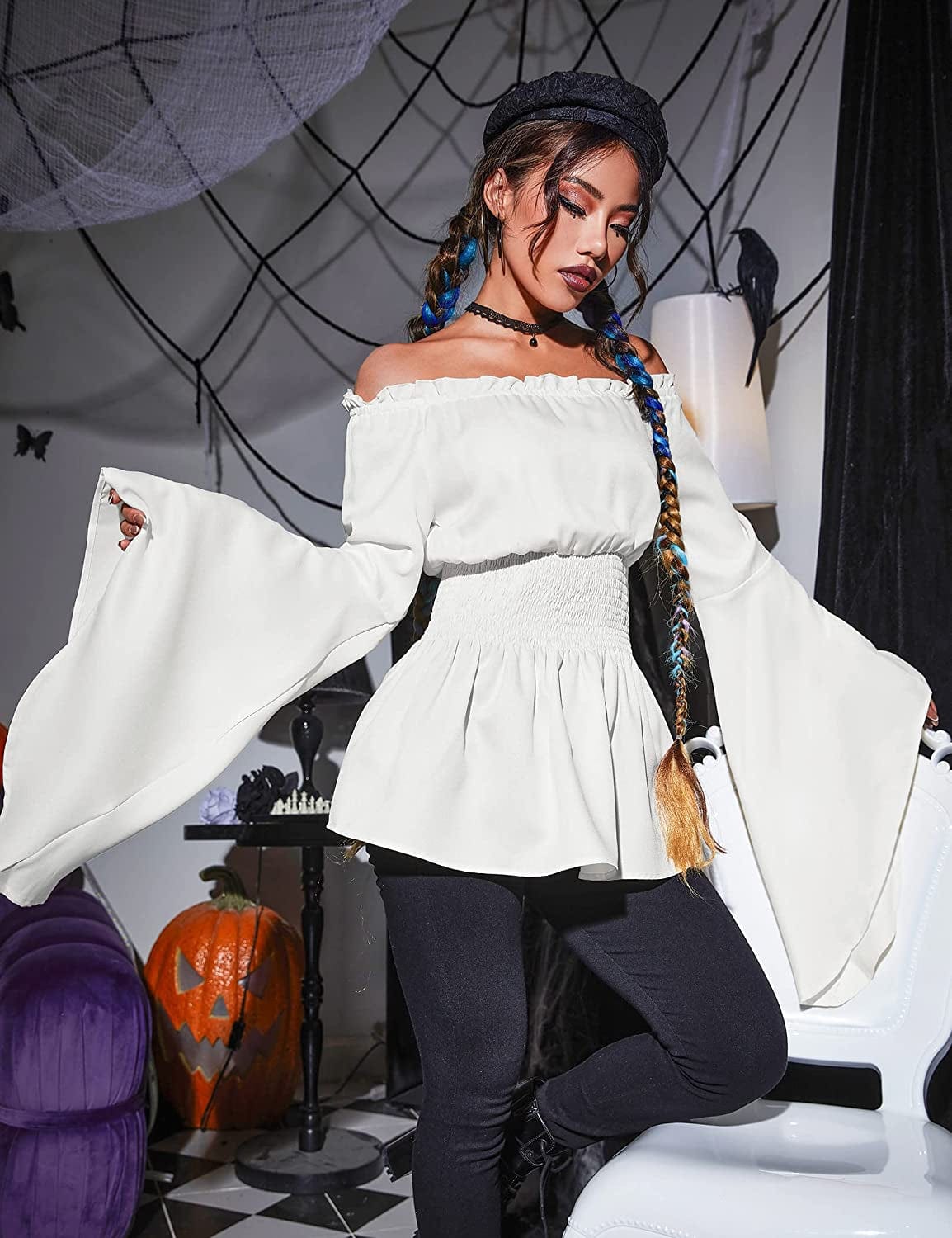 Women'S Renaissance off the Shoulder Blouses Gothic Smocked Peasant Shirts Long Sleeve Medieval Boho Shirt Tops