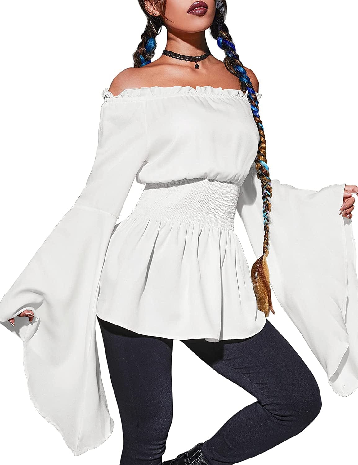 Women'S Renaissance off the Shoulder Blouses Gothic Smocked Peasant Shirts Long Sleeve Medieval Boho Shirt Tops White / XX-Large