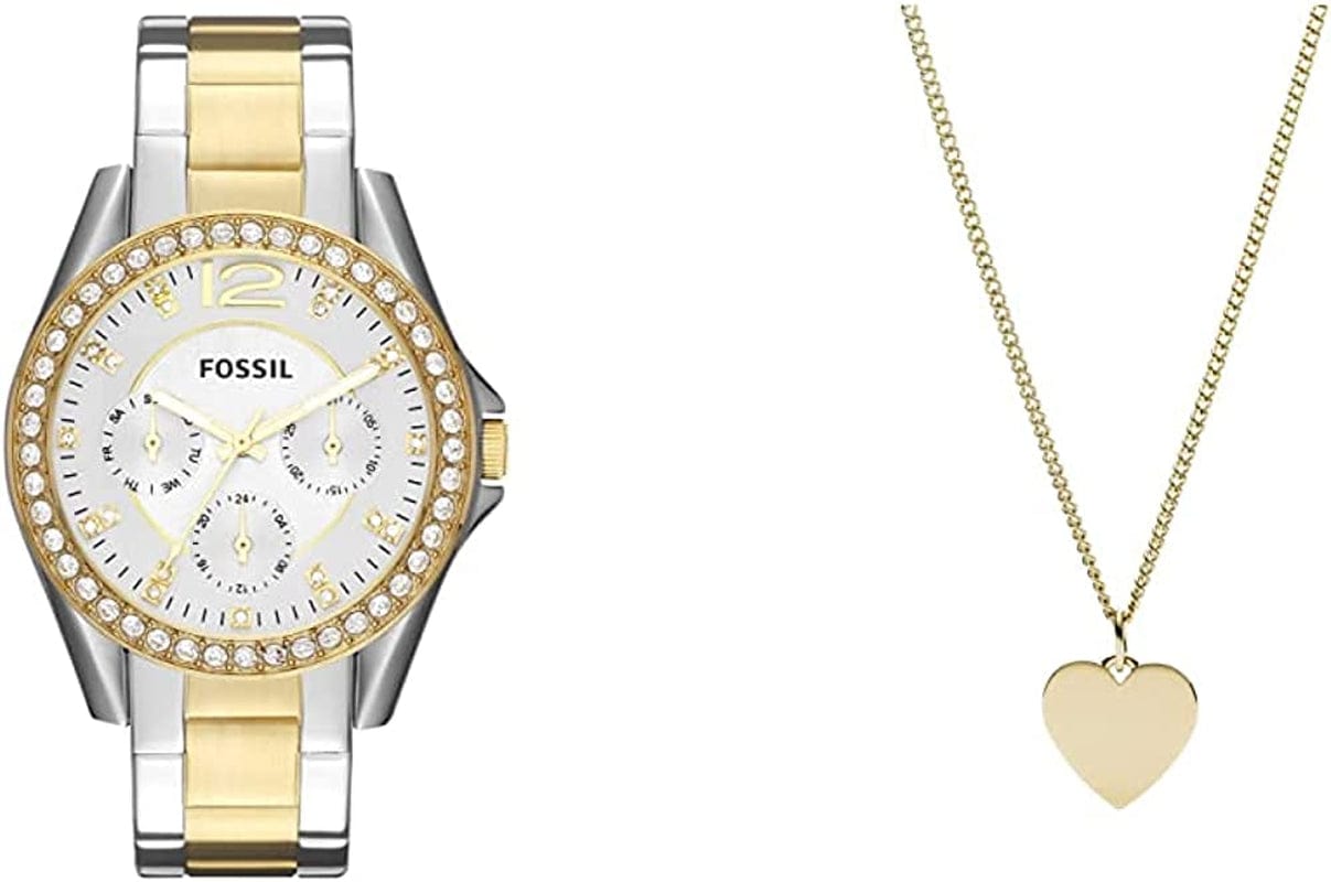 Women'S Riley Stainless Steel Crystal-Accented Multifunction Quartz Watch Gold/Silver + Necklace