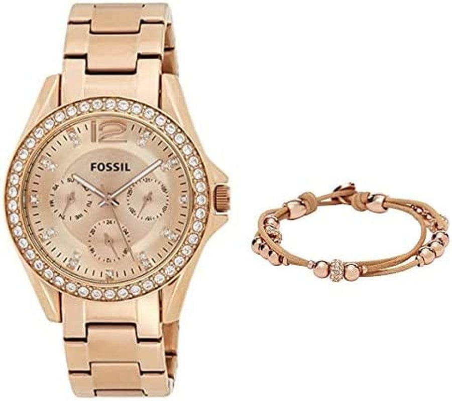 Women'S Riley Stainless Steel Crystal-Accented Multifunction Quartz Watch Bracelet Bundle