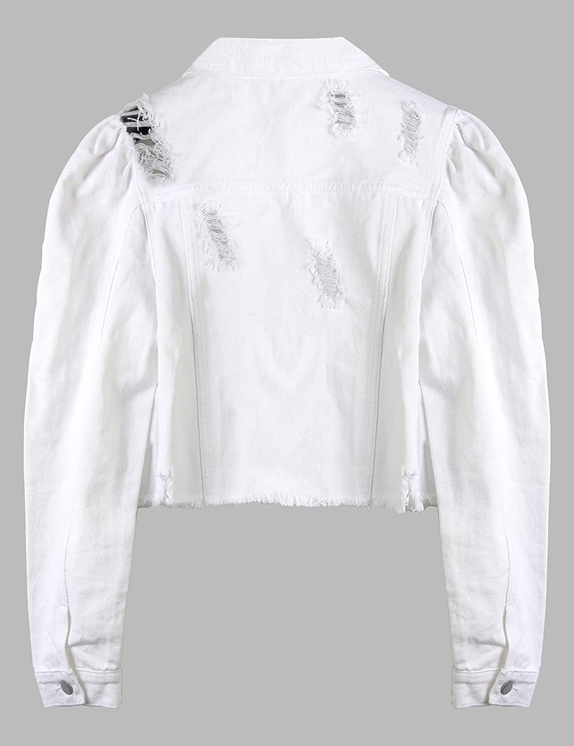 Women'S Ripped Puff Sleeve Denim Crop Top Long-Sleeve Cropped Jean Jacket