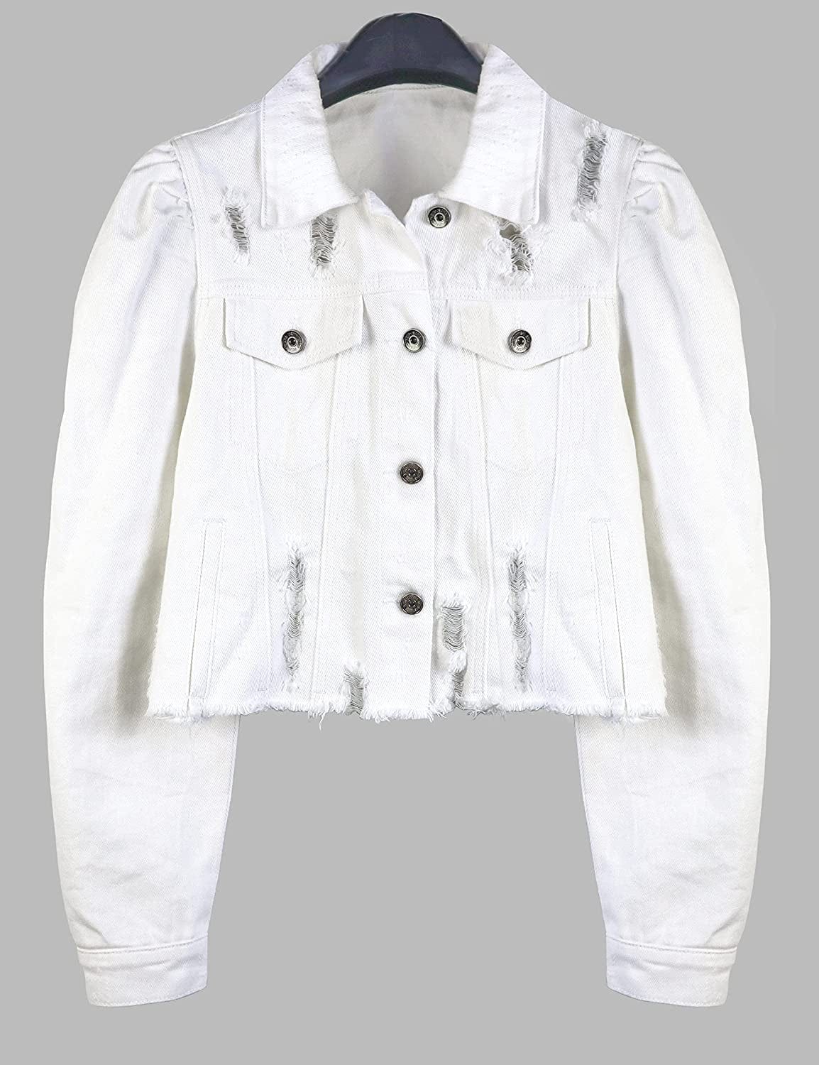 Women'S Ripped Puff Sleeve Denim Crop Top Long-Sleeve Cropped Jean Jacket