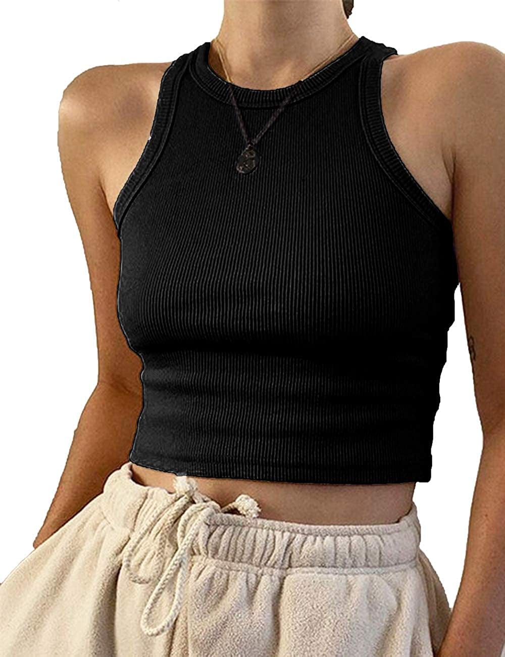 Women'S round Neck Basic Racerback Camisole Rib-Knit Solid Sleeveless Crop Tank Tops Black / X-Small