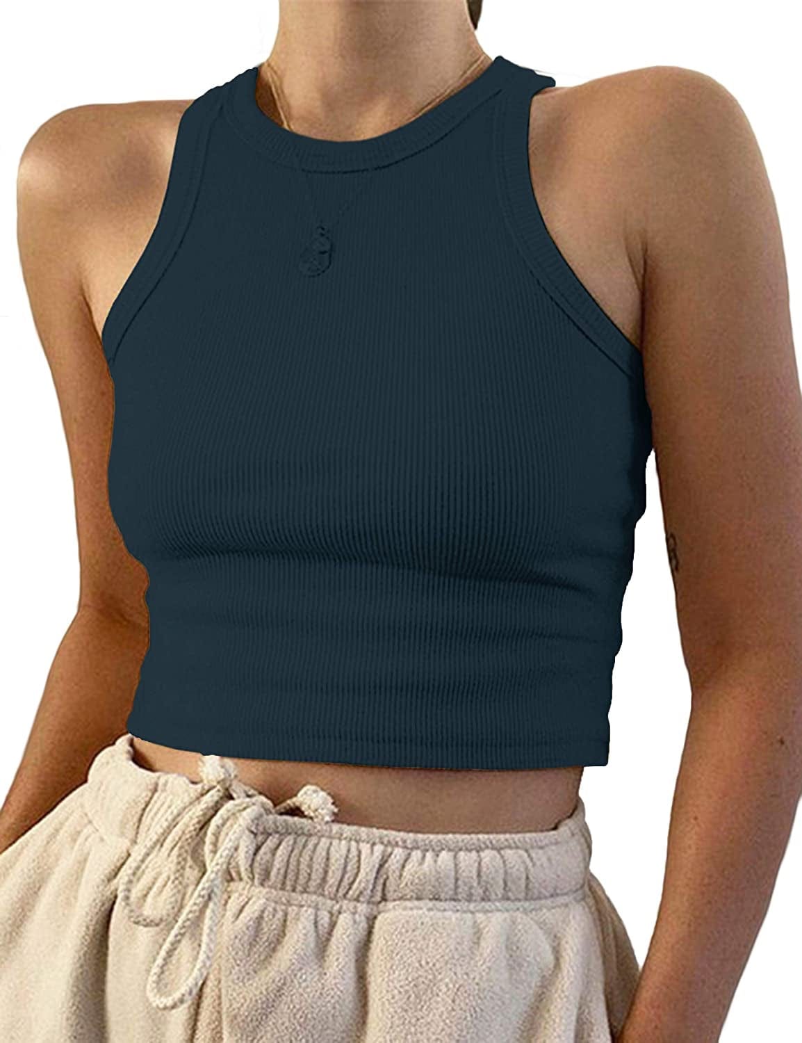 Women'S round Neck Basic Racerback Camisole Rib-Knit Solid Sleeveless Crop Tank Tops Bluish Green / X-Small