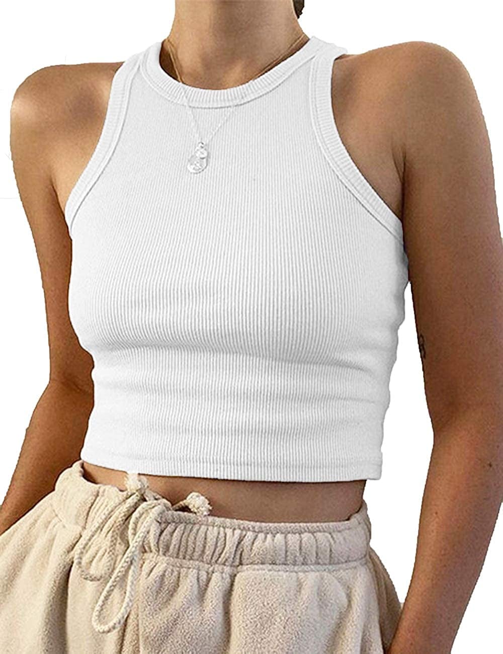 Women'S round Neck Basic Racerback Camisole Rib-Knit Solid Sleeveless Crop Tank Tops White / X-Small