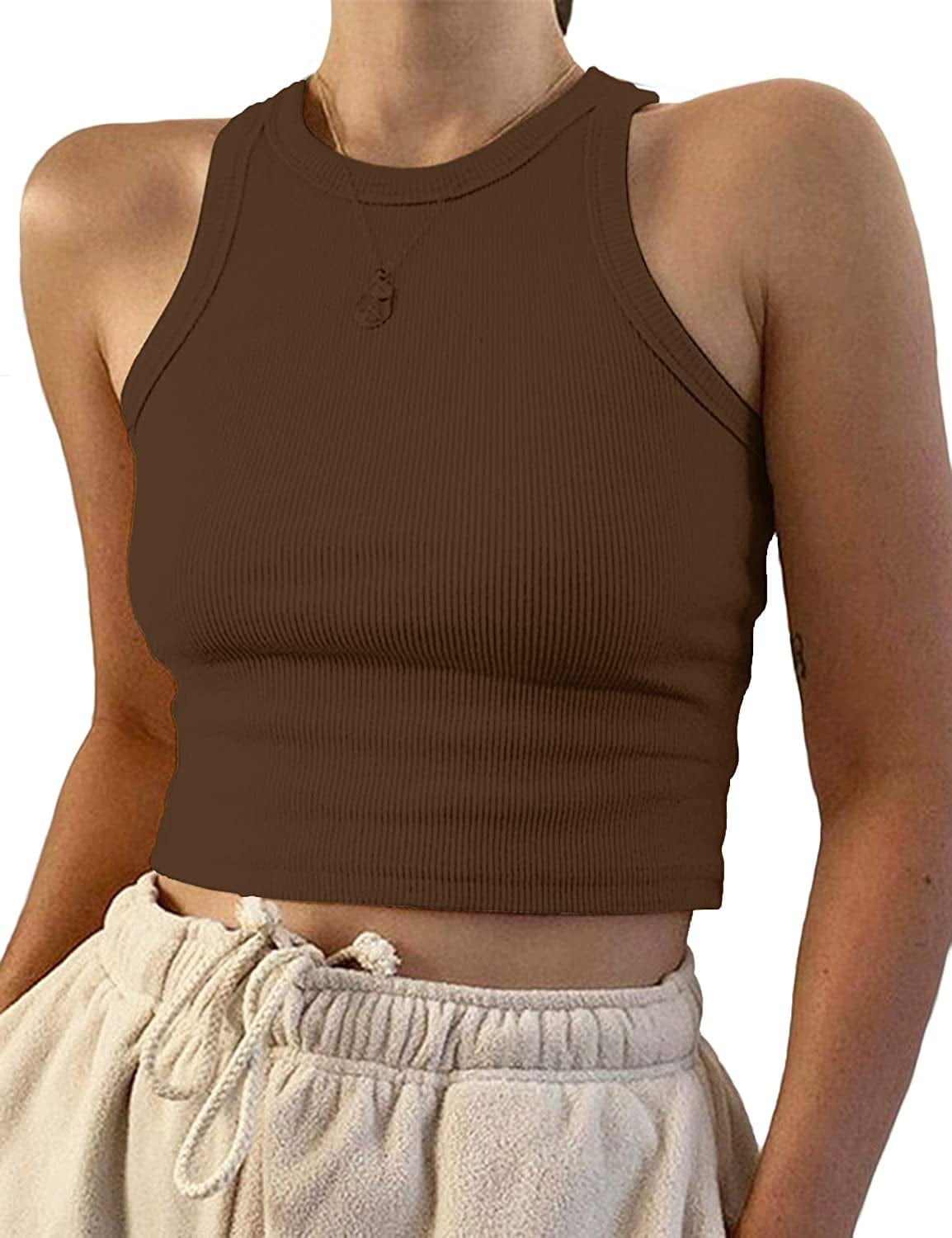 Women'S round Neck Basic Racerback Camisole Rib-Knit Solid Sleeveless Crop Tank Tops Coffee / X-Small