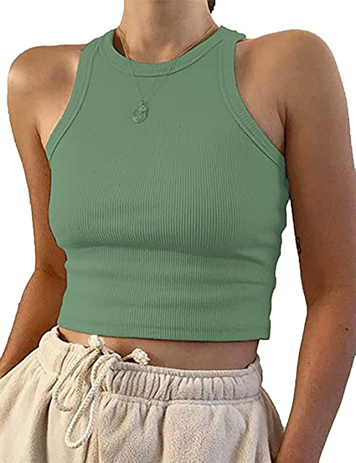 Women'S round Neck Basic Racerback Camisole Rib-Knit Solid Sleeveless Crop Tank Tops Pea Green / X-Small