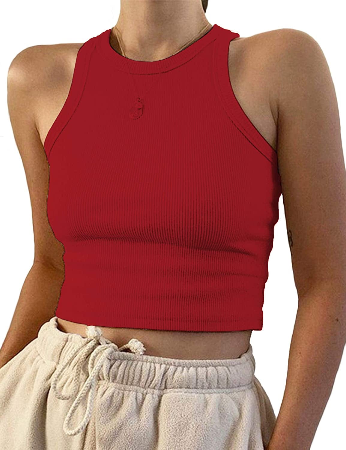 Women'S round Neck Basic Racerback Camisole Rib-Knit Solid Sleeveless Crop Tank Tops Red / X-Small
