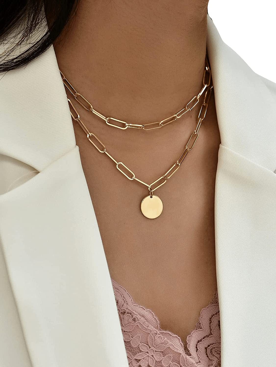 Women'S round Pendant Layered Necklace Chain Necklaces