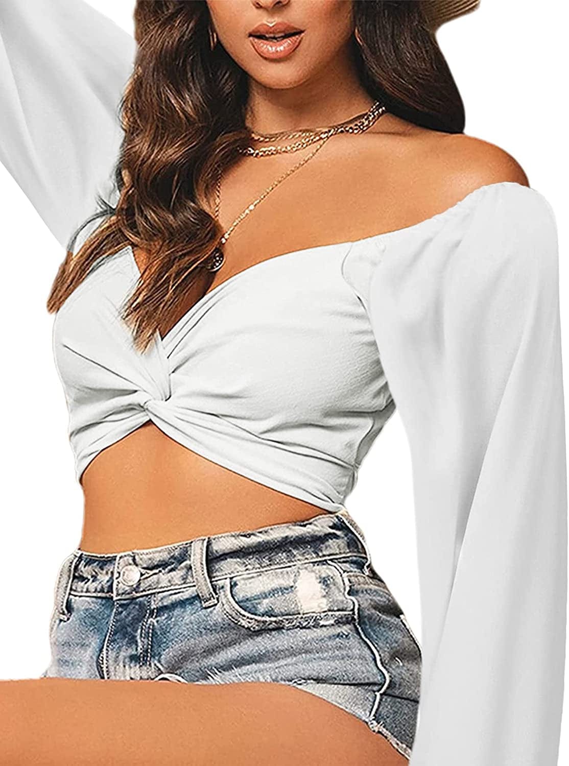 Women'S Ruffle Long Sleeve off Shoulder Tie up Back Crop Top Blouse
