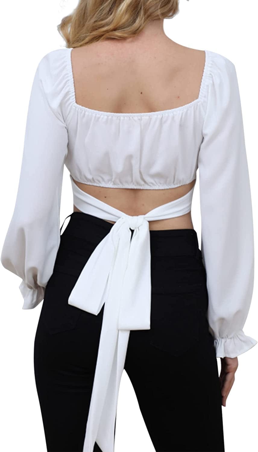 Women'S Ruffle Long Sleeve off Shoulder Tie up Back Crop Top Blouse