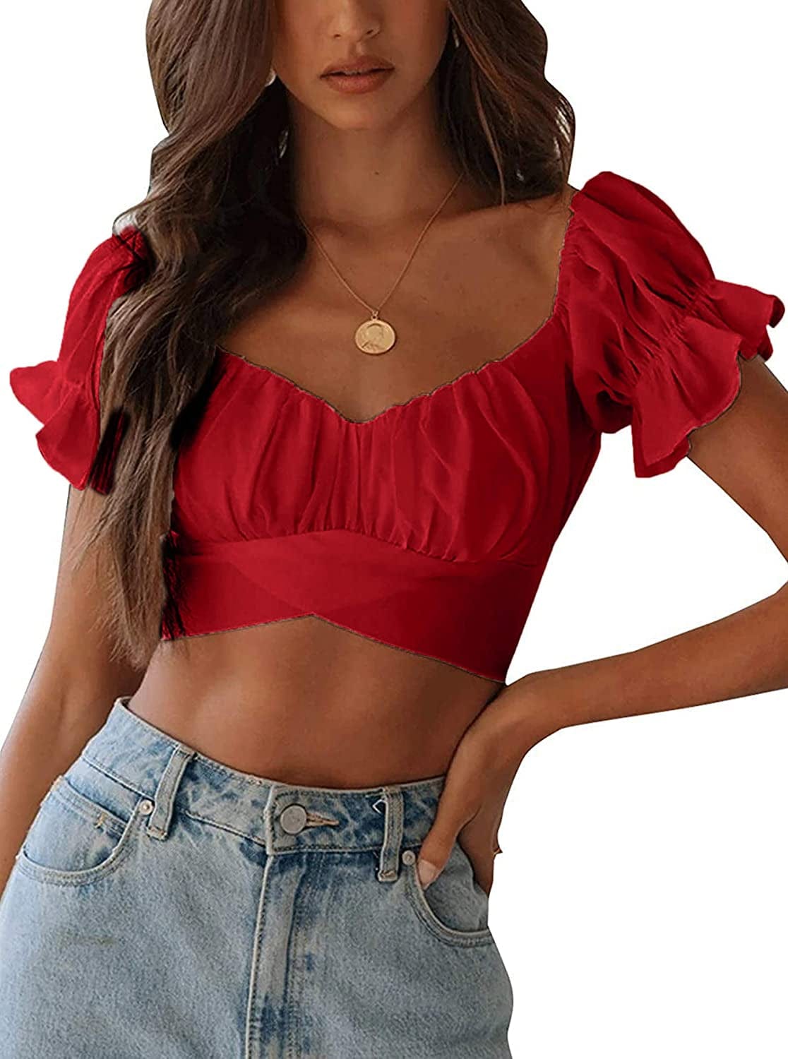 Women'S Ruffle Short Sleeve off Shoulder Tie up Back Crop Blouse Top Red / Small
