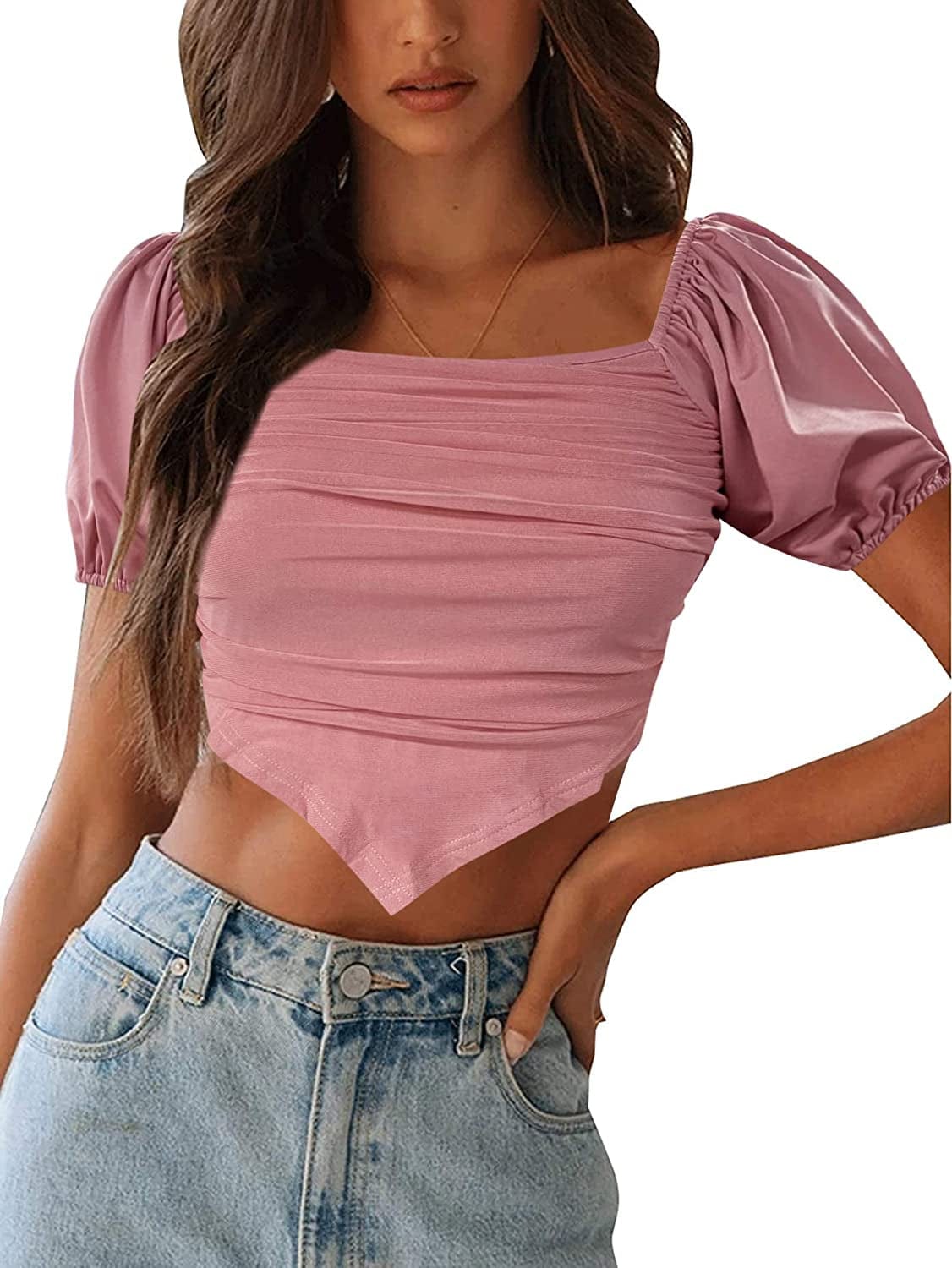 Women'S Ruffle Short Sleeve off Shoulder Tie up Back Crop Blouse Top C Pink / X-Large