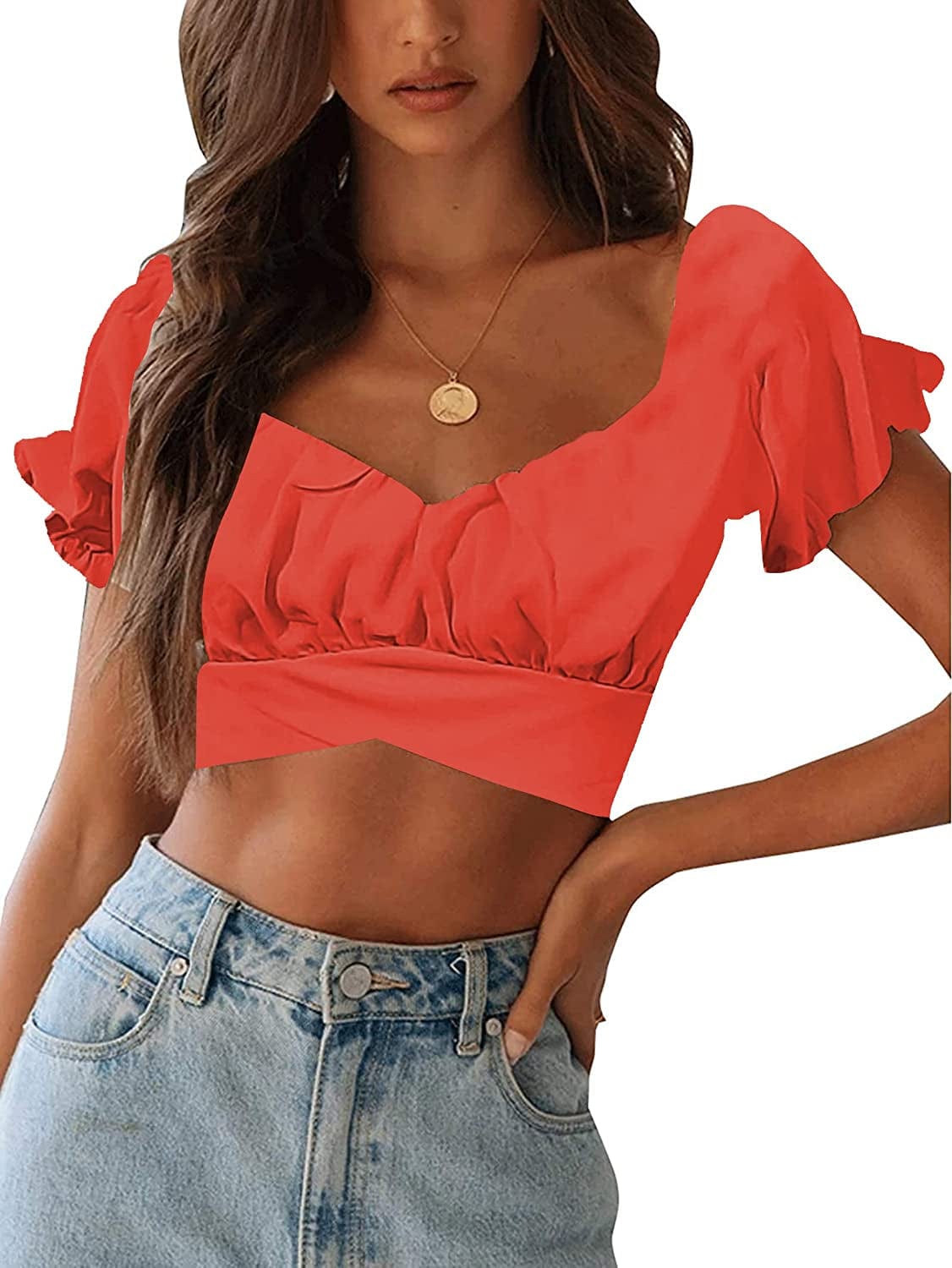 Women'S Ruffle Short Sleeve off Shoulder Tie up Back Crop Blouse Top Orange a / Small