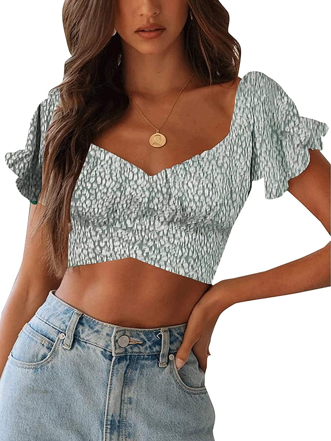 Women'S Ruffle Short Sleeve off Shoulder Tie up Back Crop Blouse Top Leopard Mint Green / Small