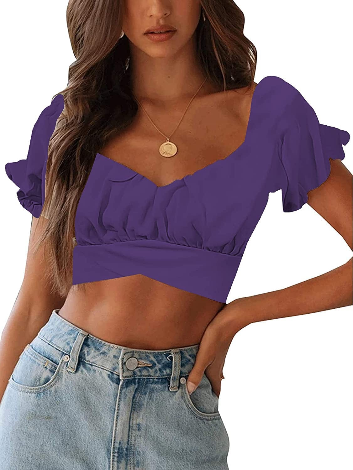 Women'S Ruffle Short Sleeve off Shoulder Tie up Back Crop Blouse Top Purple / Small