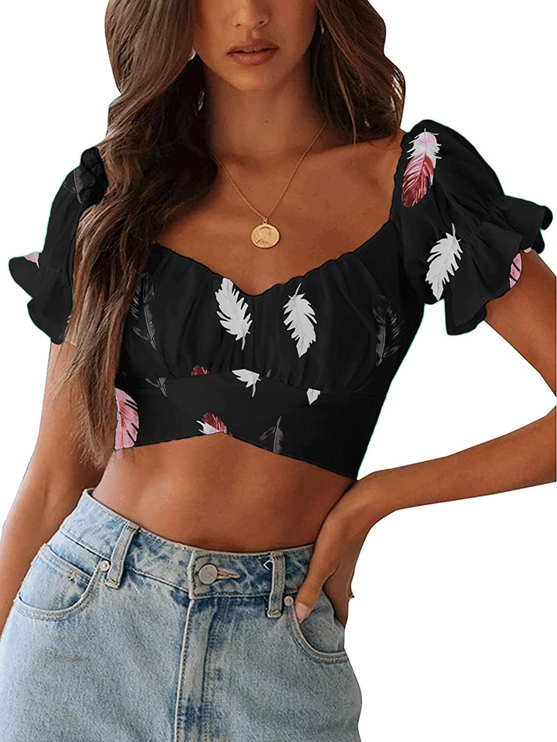 Women'S Ruffle Short Sleeve off Shoulder Tie up Back Crop Blouse Top Feather Black / Small