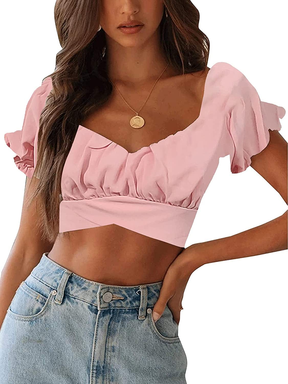 Women'S Ruffle Short Sleeve off Shoulder Tie up Back Crop Blouse Top Baby Pink / Small