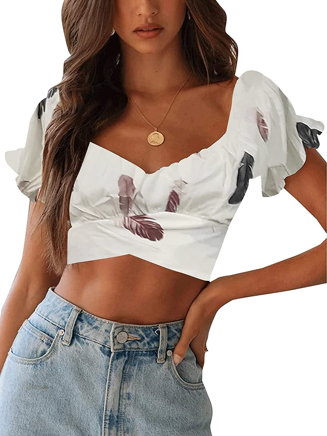 Women'S Ruffle Short Sleeve off Shoulder Tie up Back Crop Blouse Top Feather White / Small