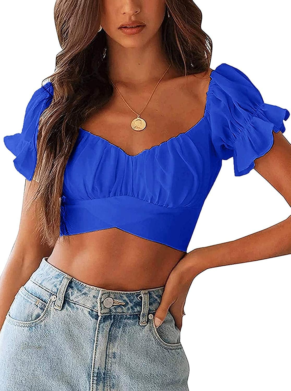 Women'S Ruffle Short Sleeve off Shoulder Tie up Back Crop Blouse Top Royal Blue / X-Large