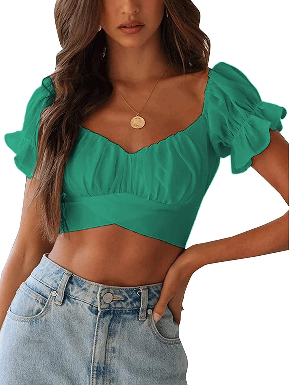 Women'S Ruffle Short Sleeve off Shoulder Tie up Back Crop Blouse Top B Green / X-Large
