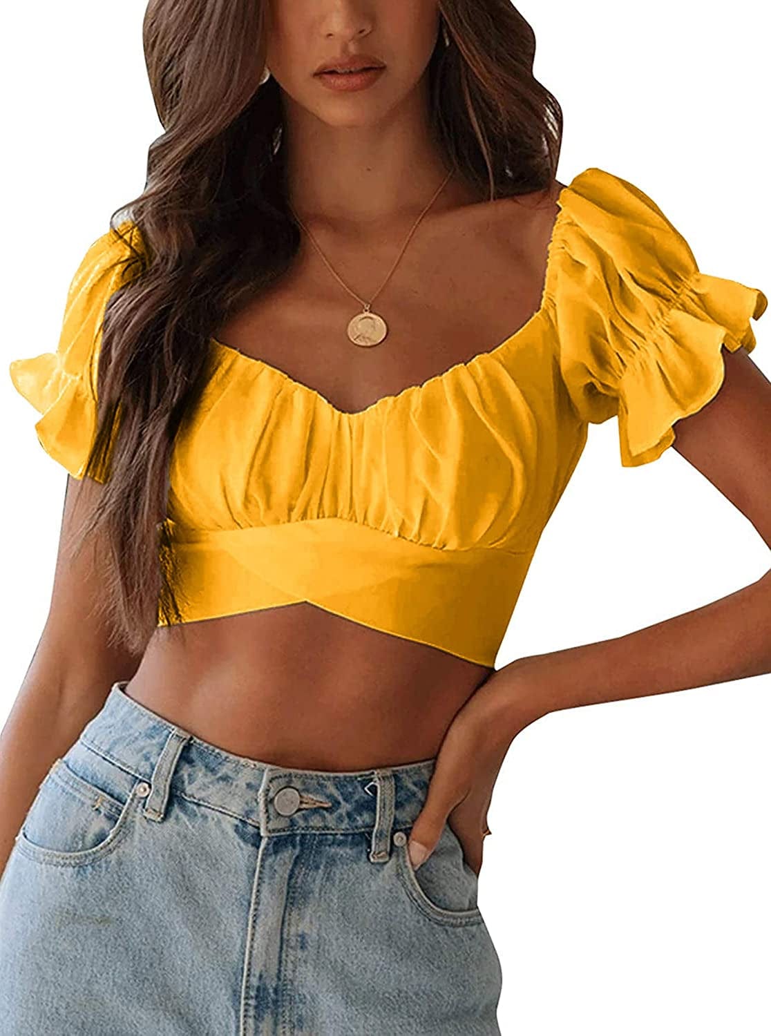 Women'S Ruffle Short Sleeve off Shoulder Tie up Back Crop Blouse Top Ginger / Small