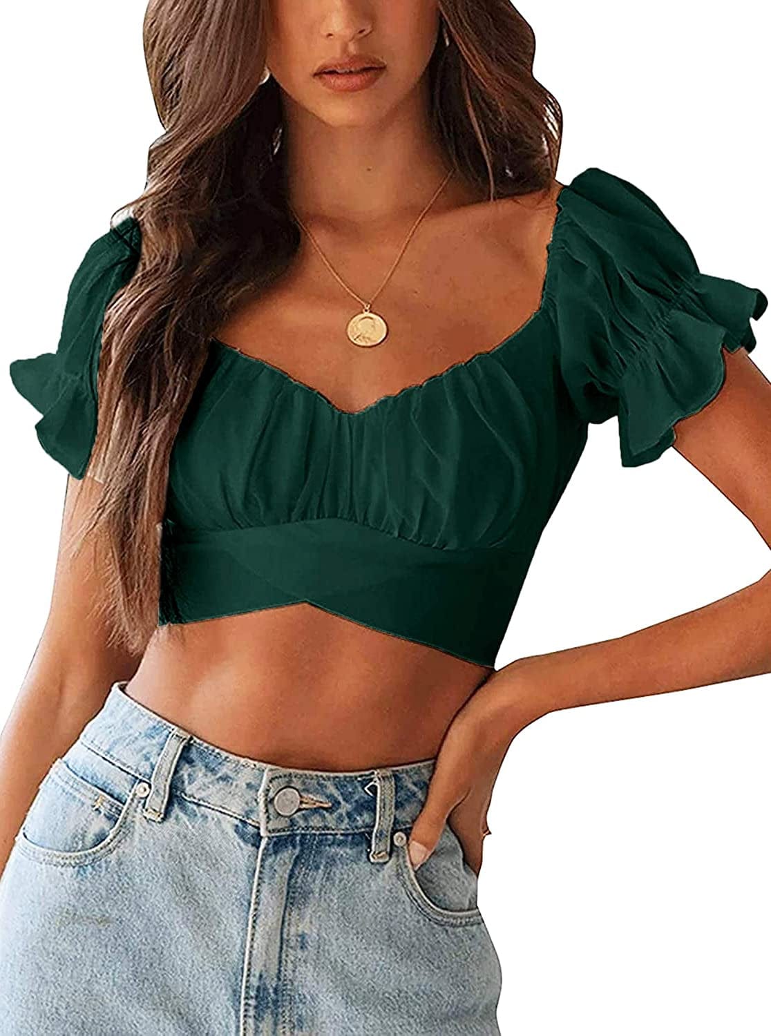 Women'S Ruffle Short Sleeve off Shoulder Tie up Back Crop Blouse Top Dark Green / Small
