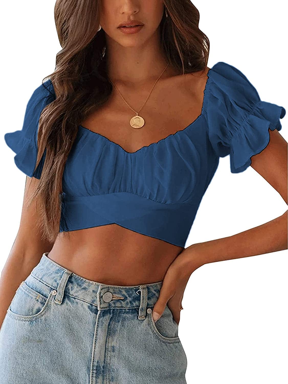 Women'S Ruffle Short Sleeve off Shoulder Tie up Back Crop Blouse Top Light Blue / X-Large