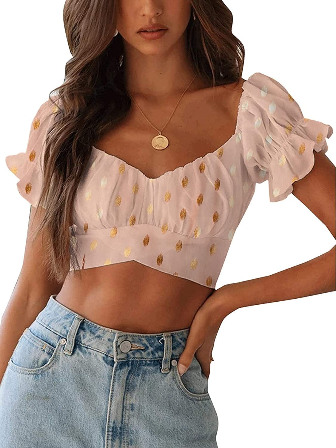 Women'S Ruffle Short Sleeve off Shoulder Tie up Back Crop Blouse Top A Pink / Small