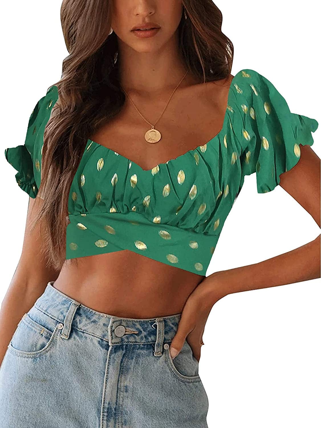 Women'S Ruffle Short Sleeve off Shoulder Tie up Back Crop Blouse Top Gold Dot Green / Medium