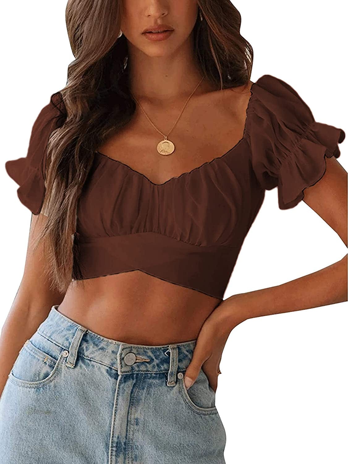 Women'S Ruffle Short Sleeve off Shoulder Tie up Back Crop Blouse Top Brown / X-Large