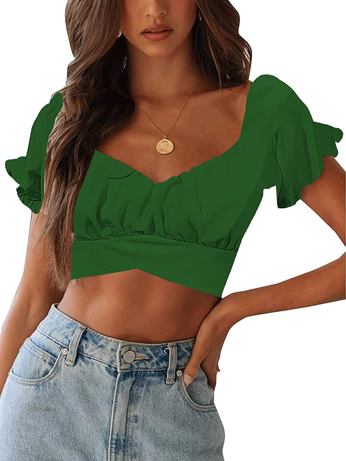 Women'S Ruffle Short Sleeve off Shoulder Tie up Back Crop Blouse Top Green a / Small