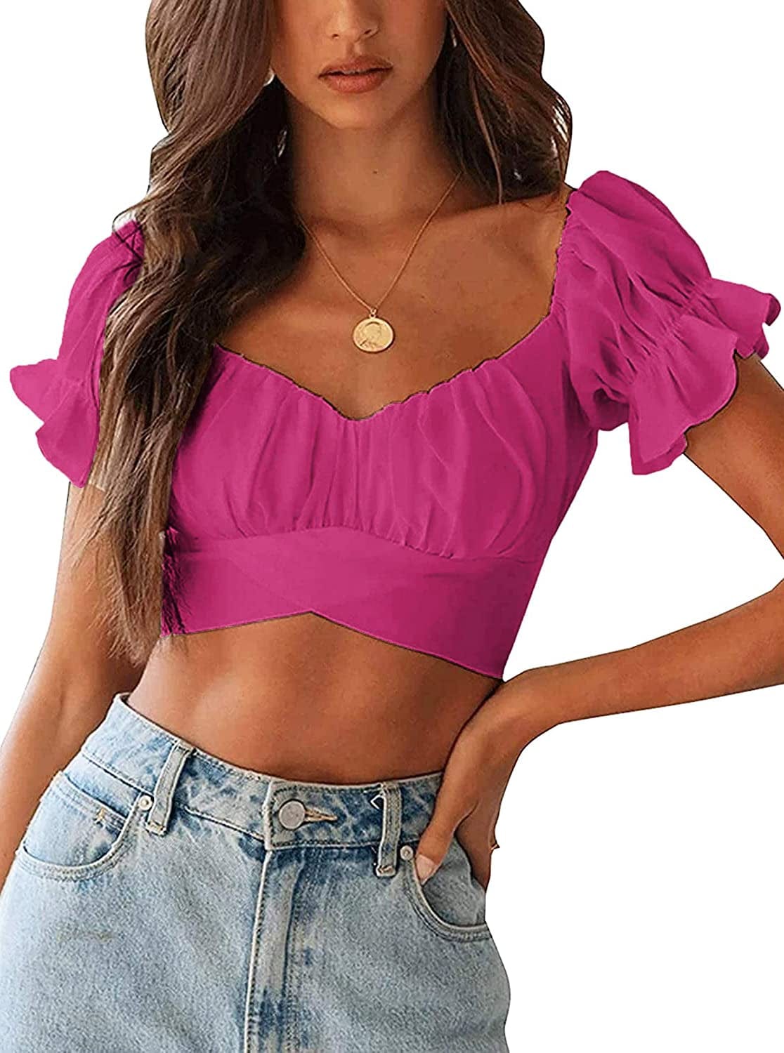 Women'S Ruffle Short Sleeve off Shoulder Tie up Back Crop Blouse Top Hot Pink / Small