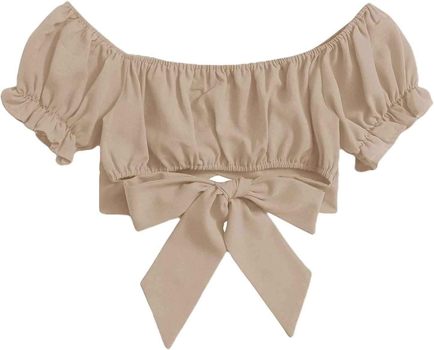 Women'S Ruffle Short Sleeve off Shoulder Tie up Back Crop Blouse Top