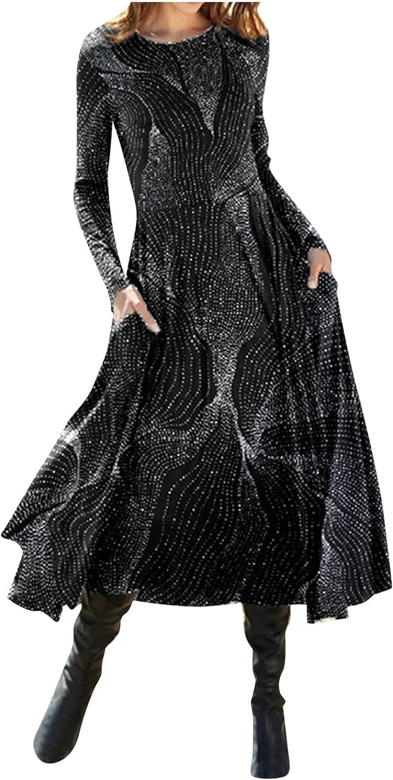 Women'S ’S Fall Dresses Fashion Casual Printed round Neck Pullover Long Sleeve Dress Formal, S-2XL Dark Gray / Large