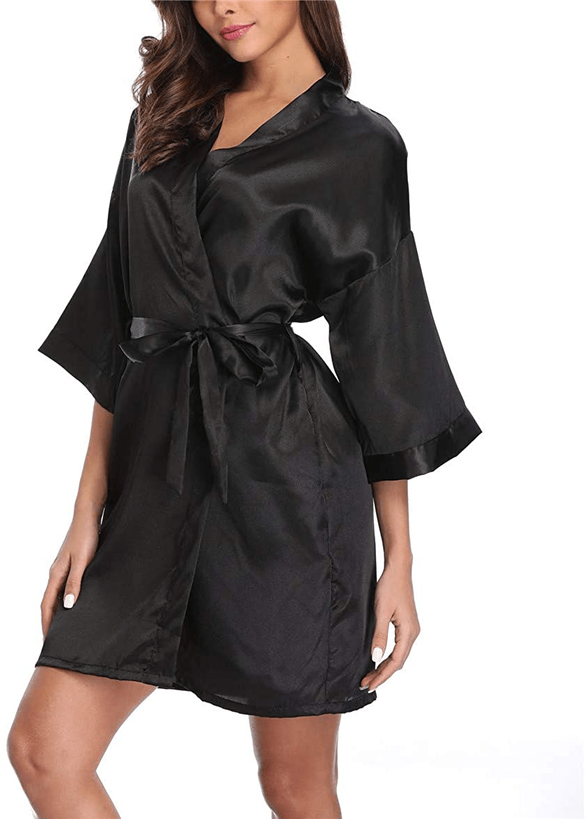 Women'S Satin Kimono Robes Bridesmaid Wedding Robes Silky Bathrobes Summer Loungewear Apparel & Accessories > Clothing > Sleepwear & Loungewear > Robes MissNina Black Large