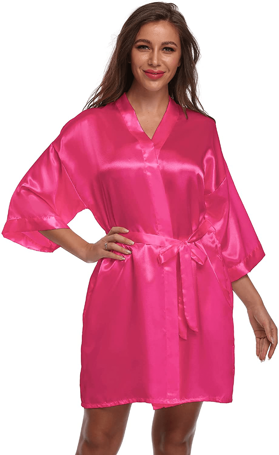 Women'S Satin Kimono Robes Short Silk Bathrobes Wedding Robes for Bridal Party Apparel & Accessories > Clothing > Sleepwear & Loungewear > Robes FADSHOW Rose Red X-Large