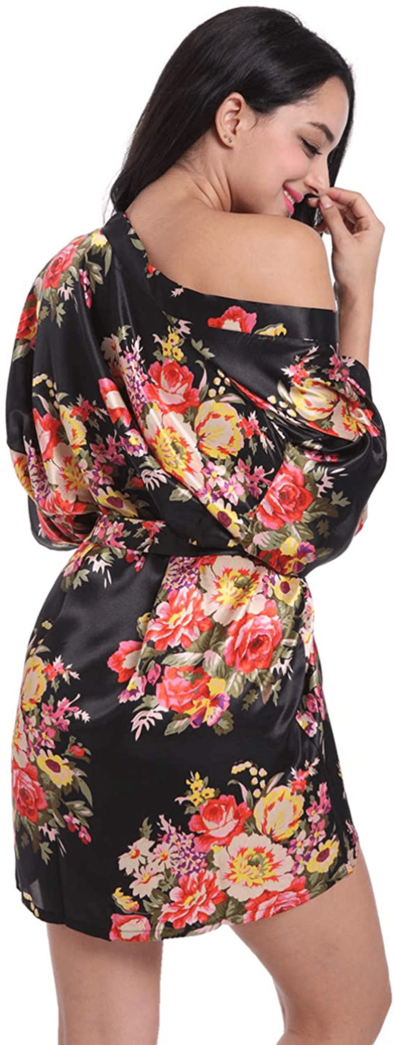 Women'S Satin Robes Floral Bridesmaid Robes Short Silk Kimonos Sleepwear Apparel & Accessories > Clothing > Sleepwear & Loungewear > Robes V Vaborous Flower Black Small-Medium