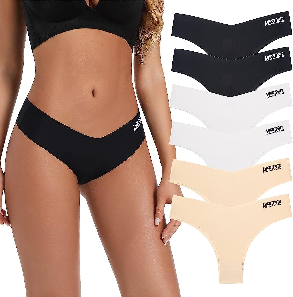 Women'S Seamless Thongs for Women No Show Bikini Panties V Waist Underwear Invisible Soft Stretch Thong Multipacks 2 Pack Black-white-apricot / Medium