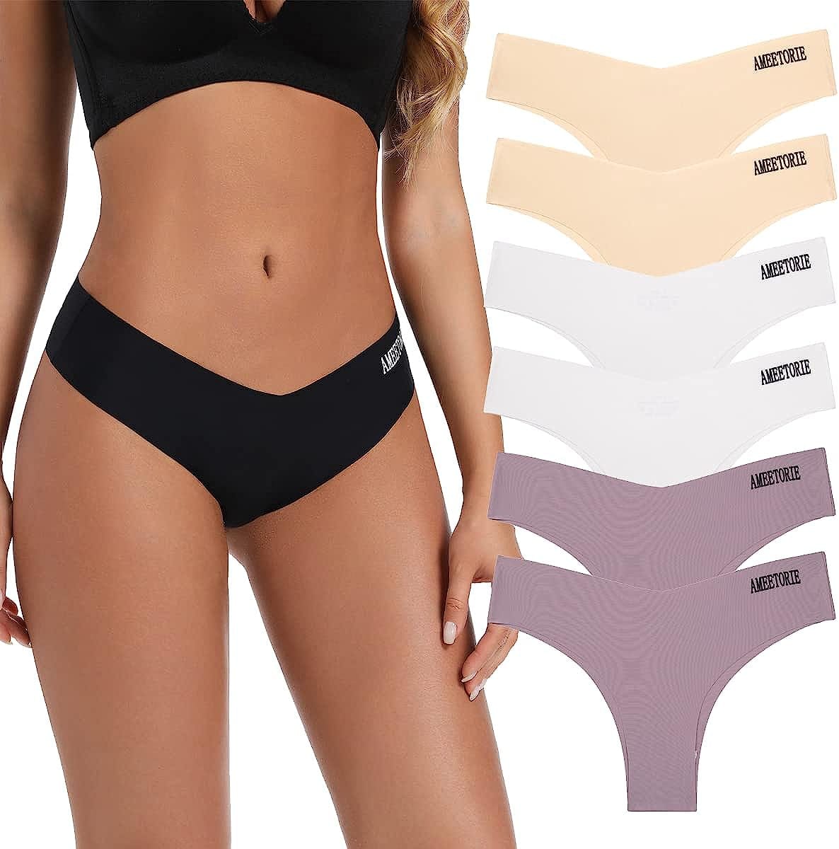 Women'S Seamless Thongs for Women No Show Bikini Panties V Waist Underwear Invisible Soft Stretch Thong Multipacks 2 Pack Apricot-white-brown / Medium