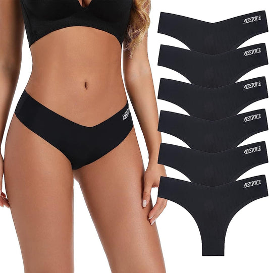Women'S Seamless Thongs for Women No Show Bikini Panties V Waist Underwear Invisible Soft Stretch Thong Multipacks 6 Pack Black / X-Large