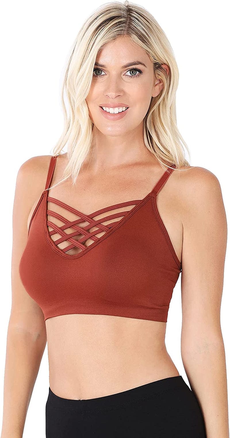 Women'S Sexy Cross Strappy Wirefree Sports Bra Bralette Dark Rust / Large-X-Large