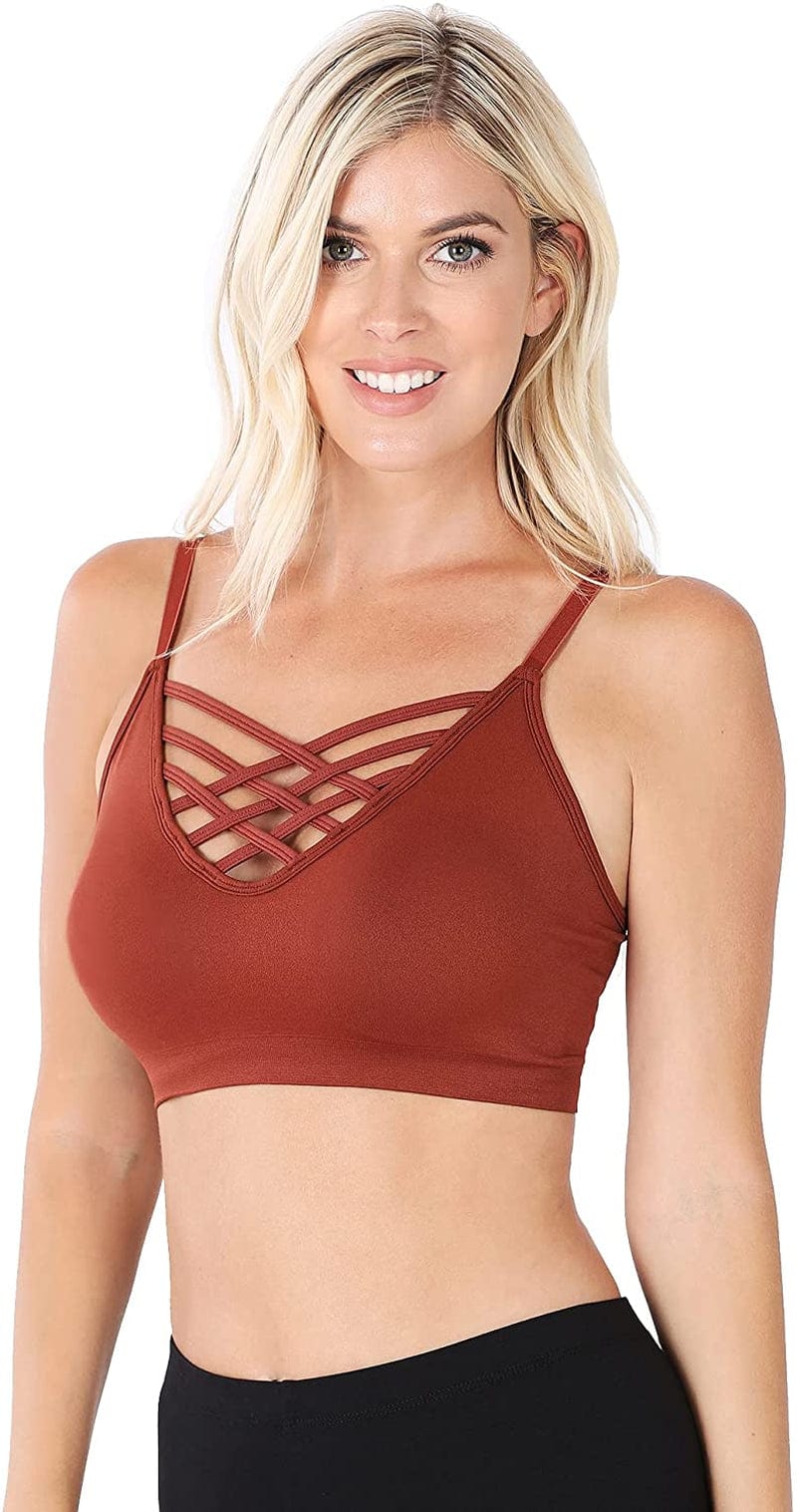 Women'S Sexy Cross Strappy Wirefree Sports Bra Bralette Dark Rust / Small-Medium