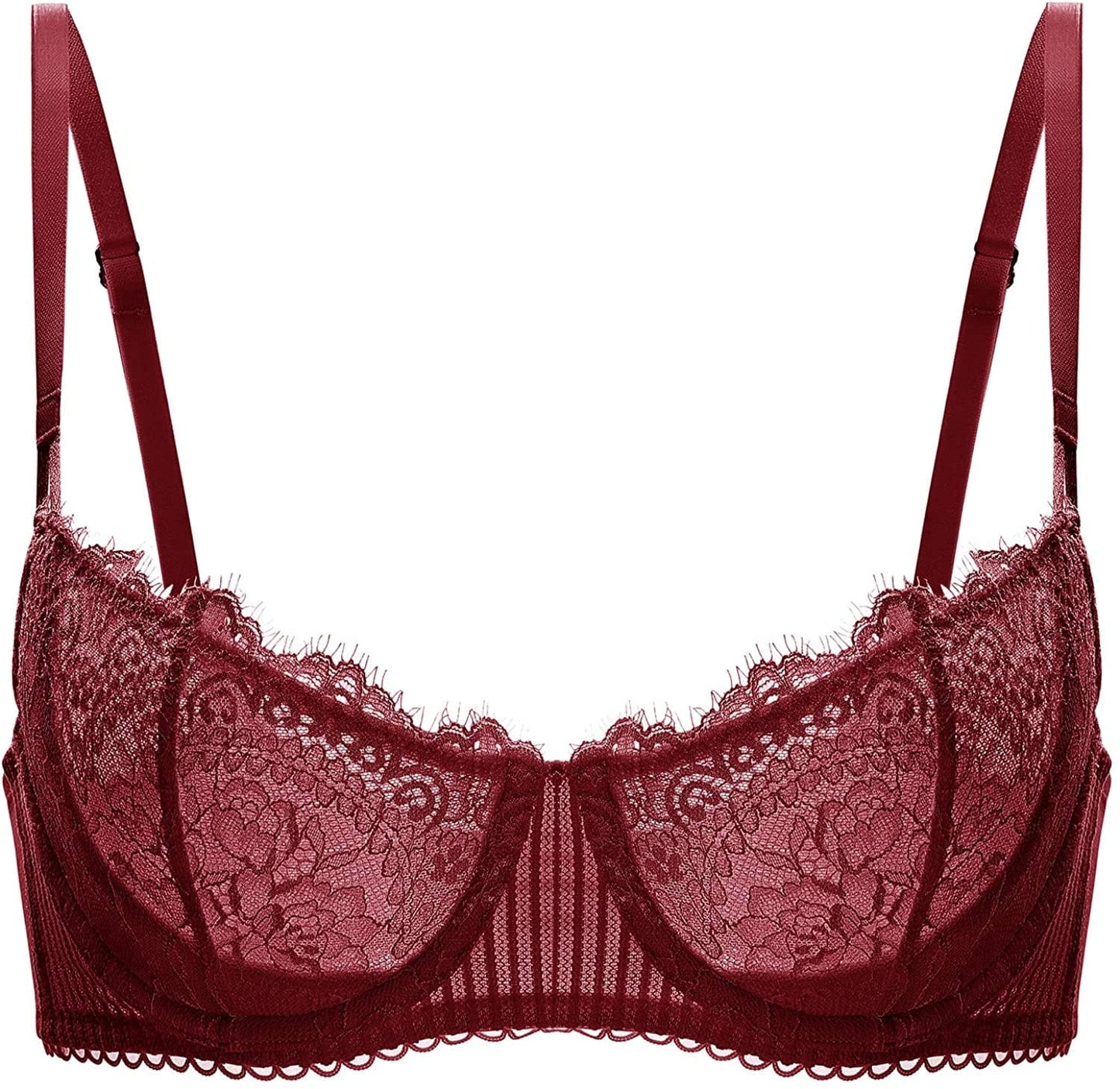 Women'S Sexy Lace Push up plus Size Bra Sheer Balconette Underwire Unlined Dark Red / 36B