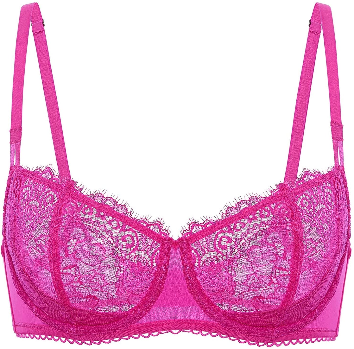 Women'S Sexy Lace Push up plus Size Bra Sheer Balconette Underwire Unlined Bright Fuchsia / 38F